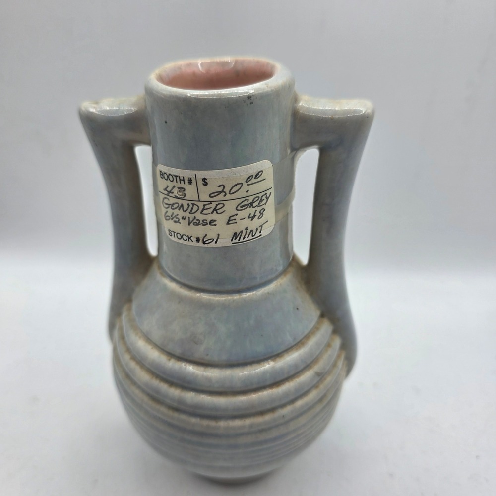 Gonder Ceramic Arts E-48 Blue Grey Ribbed Double Handle Vase 6.5" Pink Interior